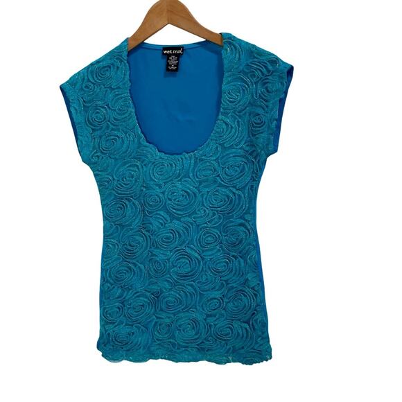 Vintage Y2K Wet Seal Blue Teal Rose Appliqué Textured Top Size Medium Scoopneck - Picture 4 of 11